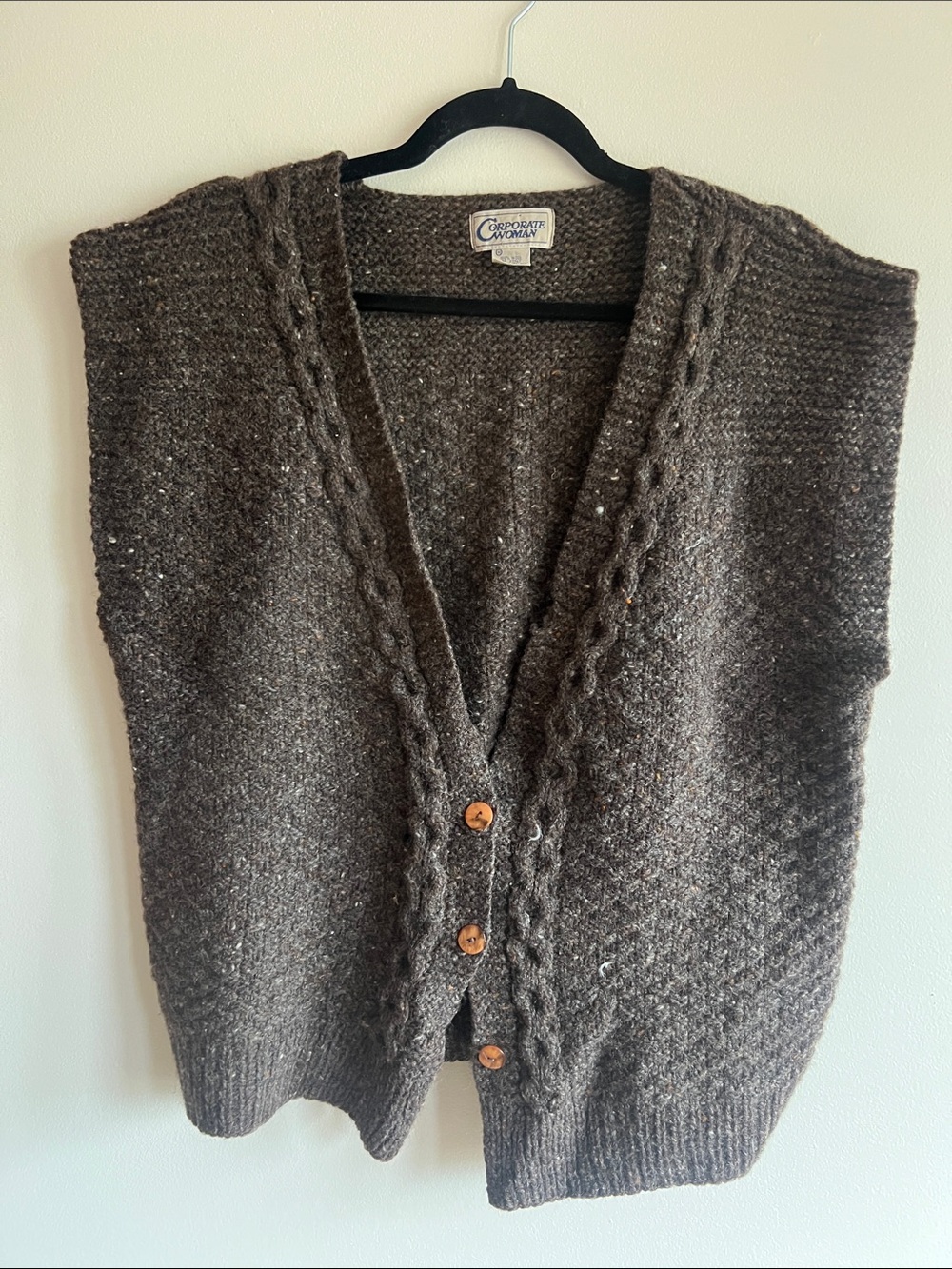 Brown Cable-Knit 100%Wool Button Vest